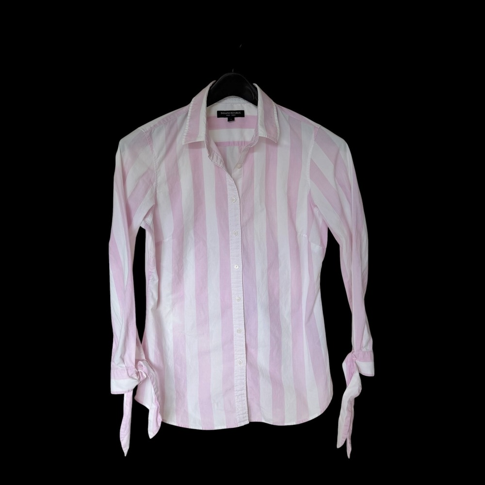 Banana Republic Riley Shirt Pink White Striped Button Down Tie Cuff Distressed 6